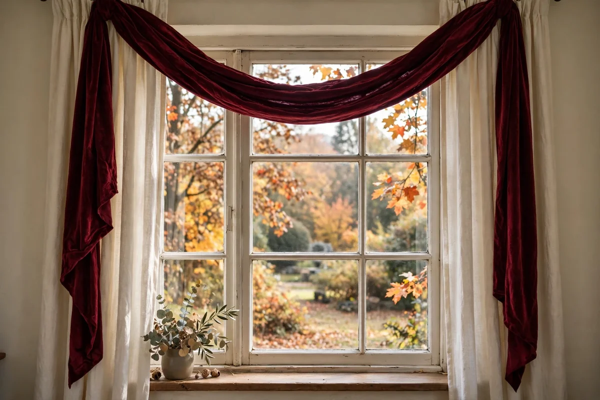 Velvet ribbon swag draped across a living room window frame