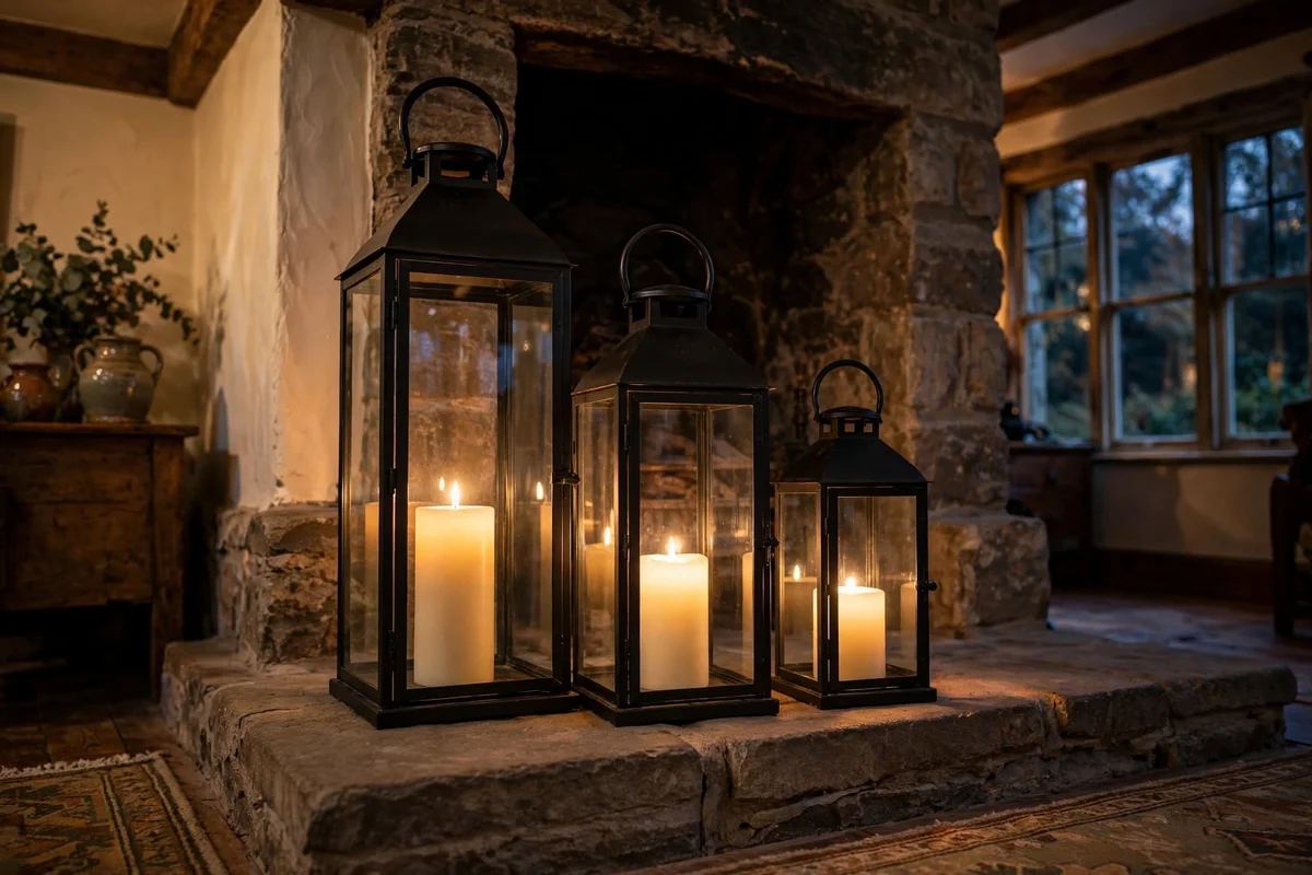 Cluster of glass lanterns glowing on a fireplace hearth