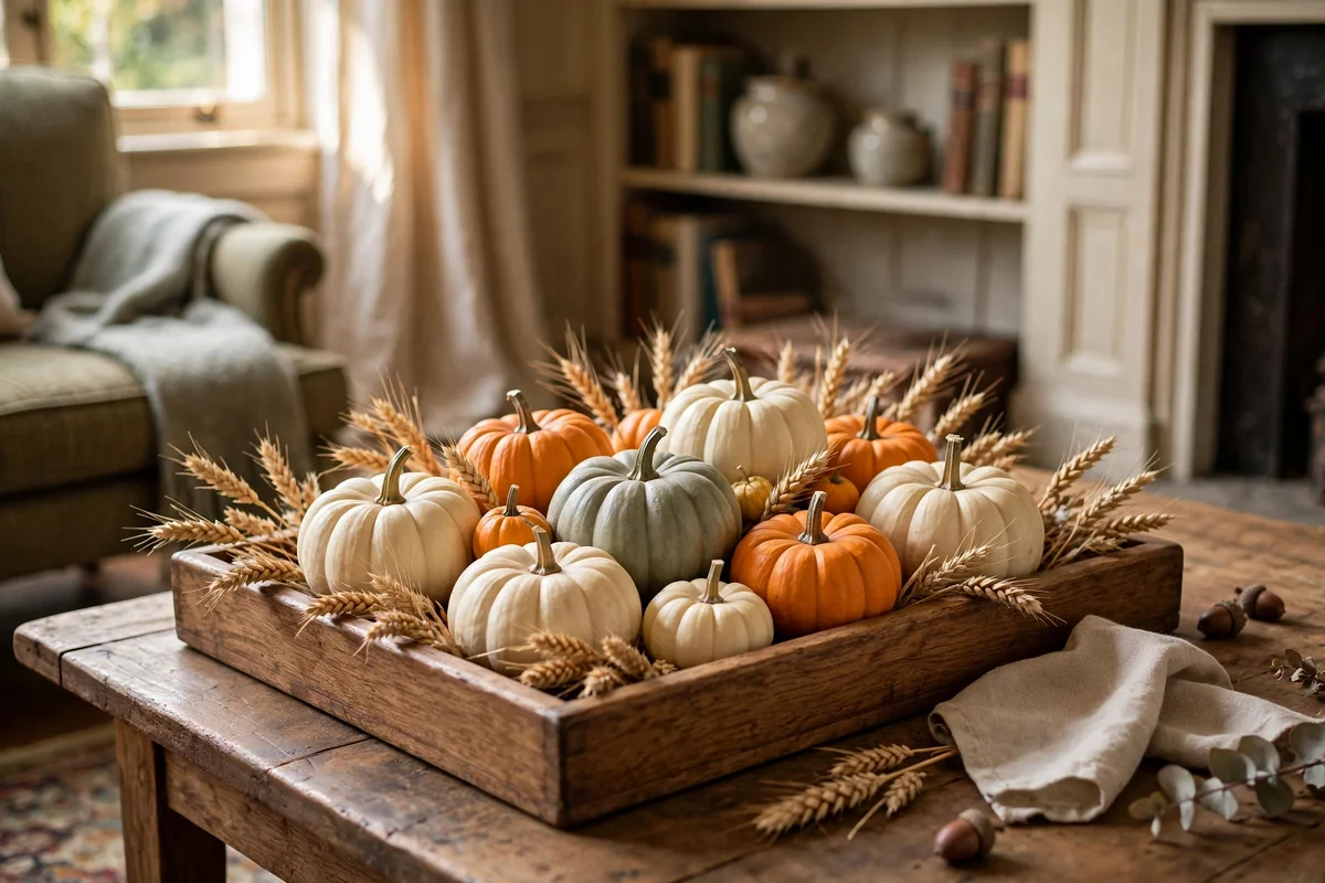 Wooden tray of mini pumpkins on a coffee table