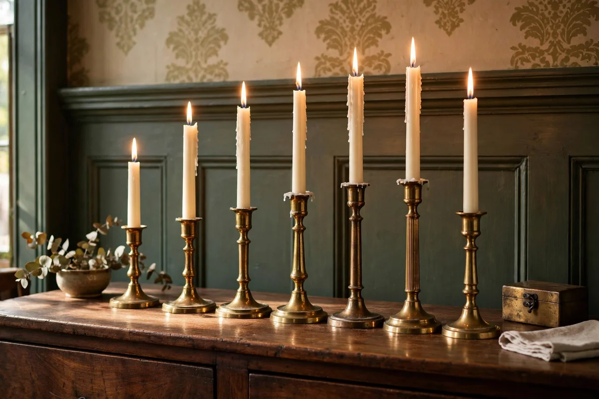 Brass candlesticks of mixed heights with ivory tapers