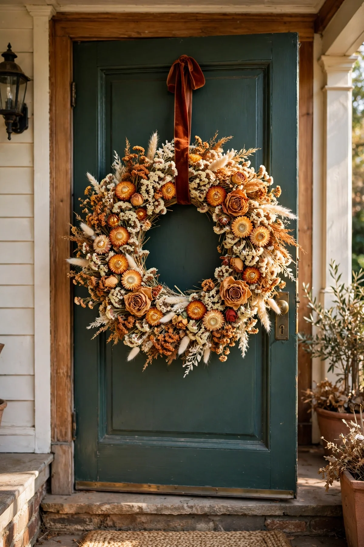 Dried autumn flower wreath hanging on a front door