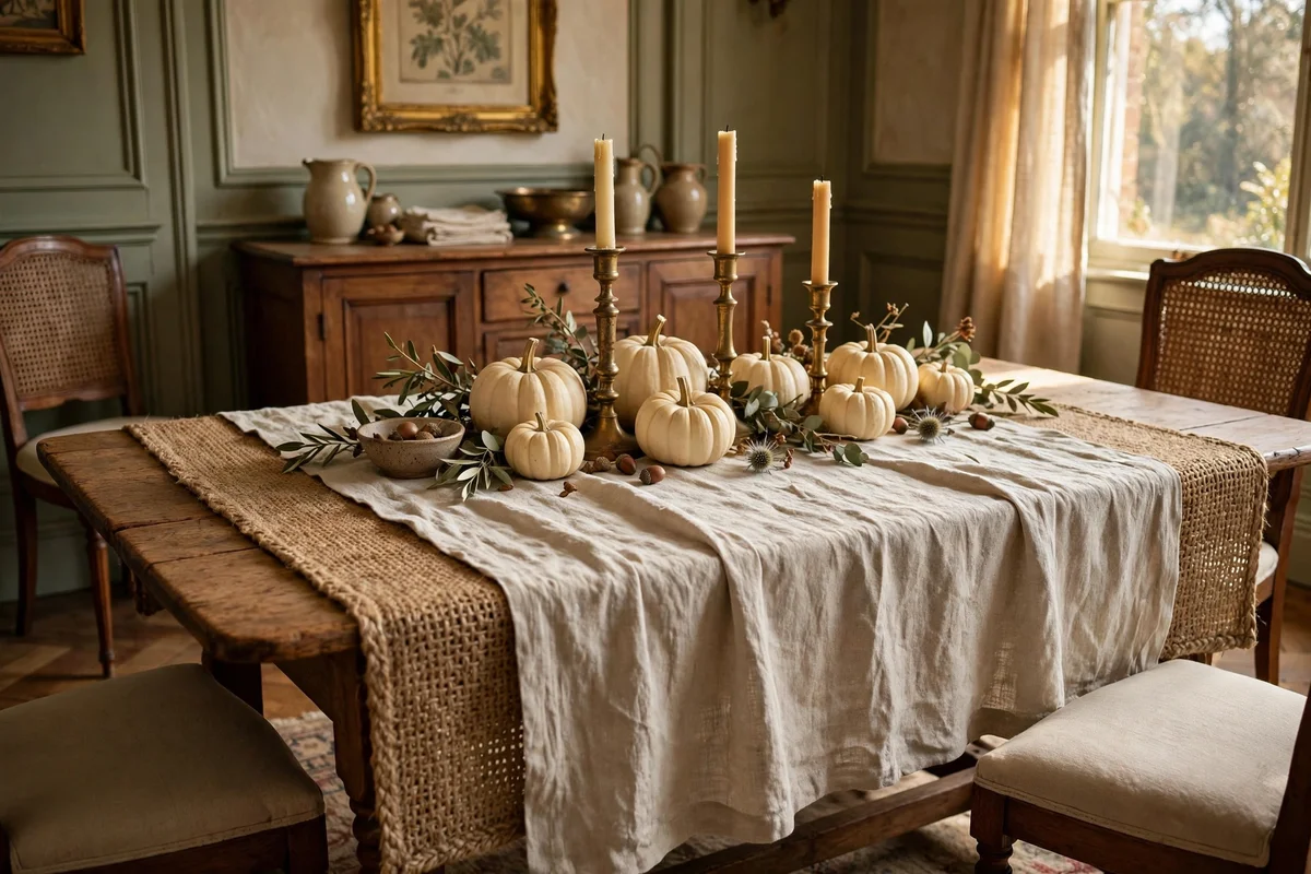 Oatmeal linen runner on a dining table with pumpkins