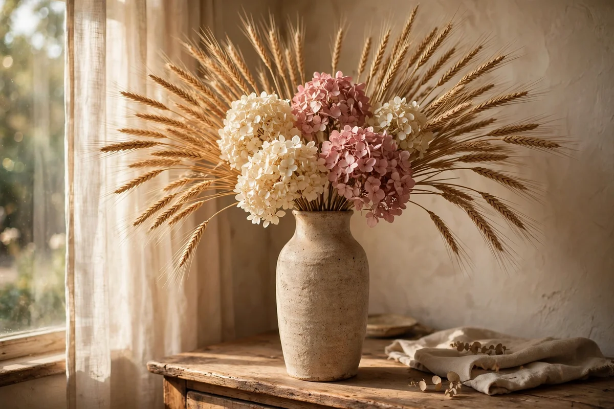 Stoneware vase of dried hydrangeas and wheat