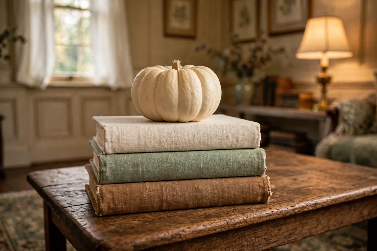 Cream pumpkin resting on stacked linen-bound books