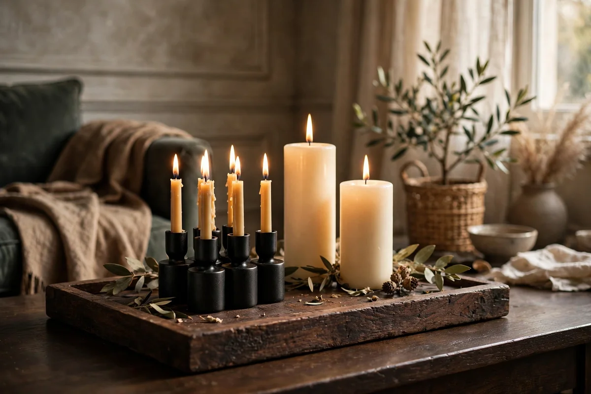 Black taper holders grouped beside cream candles