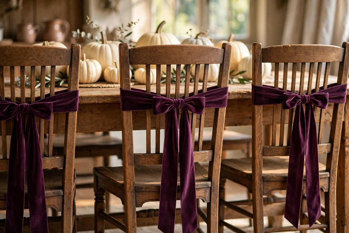 Velvet ribbon bows tied on dining chair backs