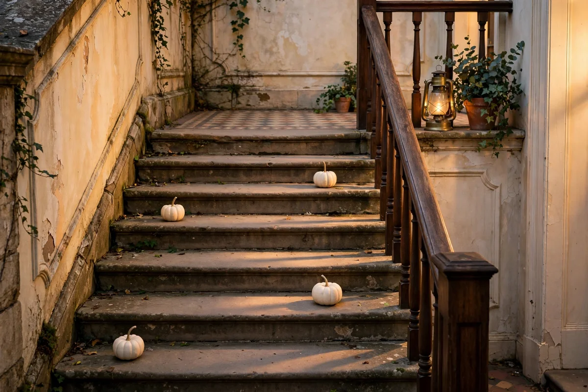 White pumpkins trailing up a staircase