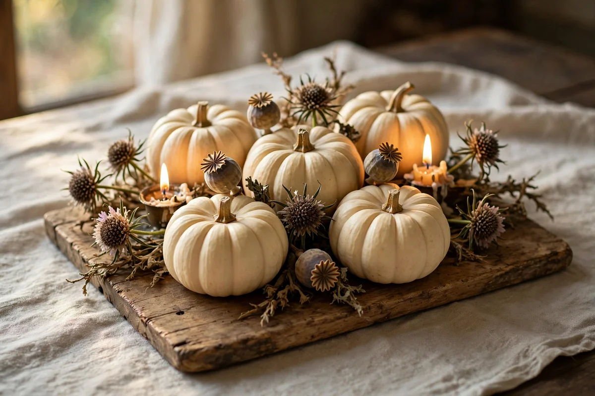 Low centrepiece of pumpkins and dried seed heads