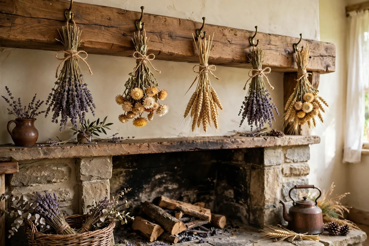 Dried flower bundles hanging from a mantel beam