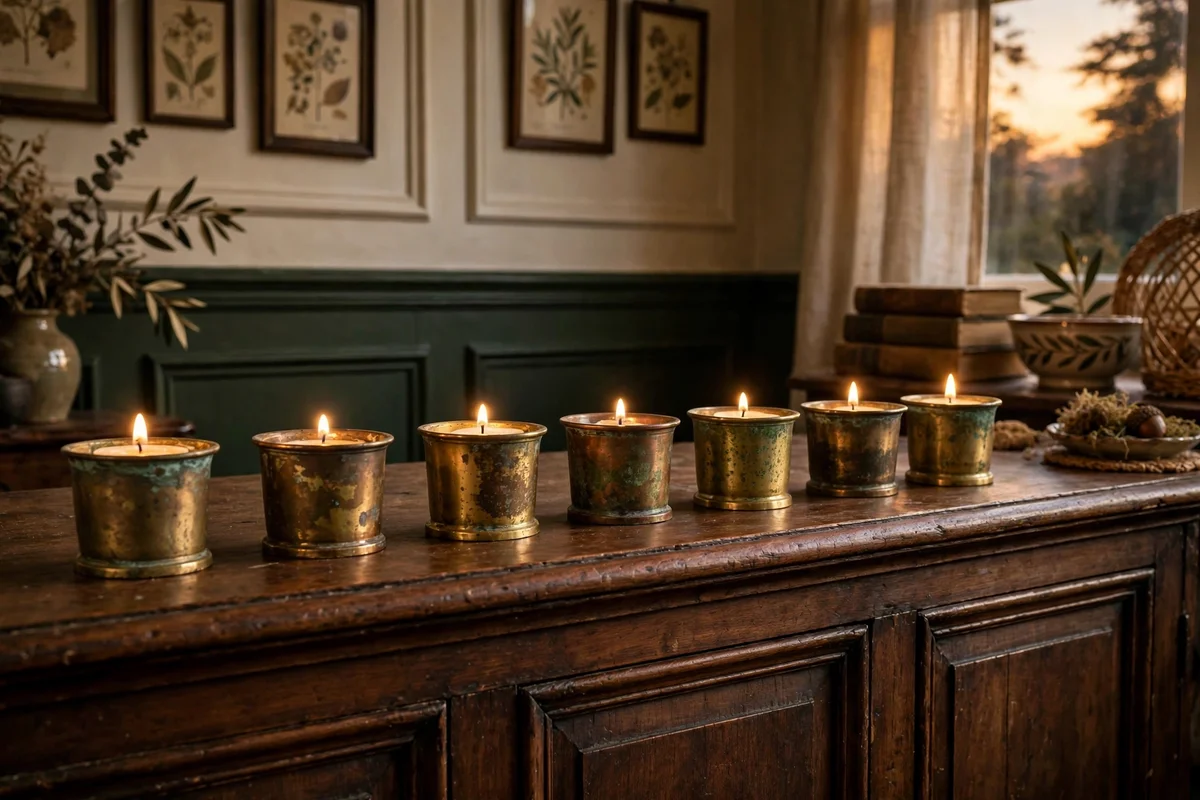 Brass candle cups in a row along a sideboard