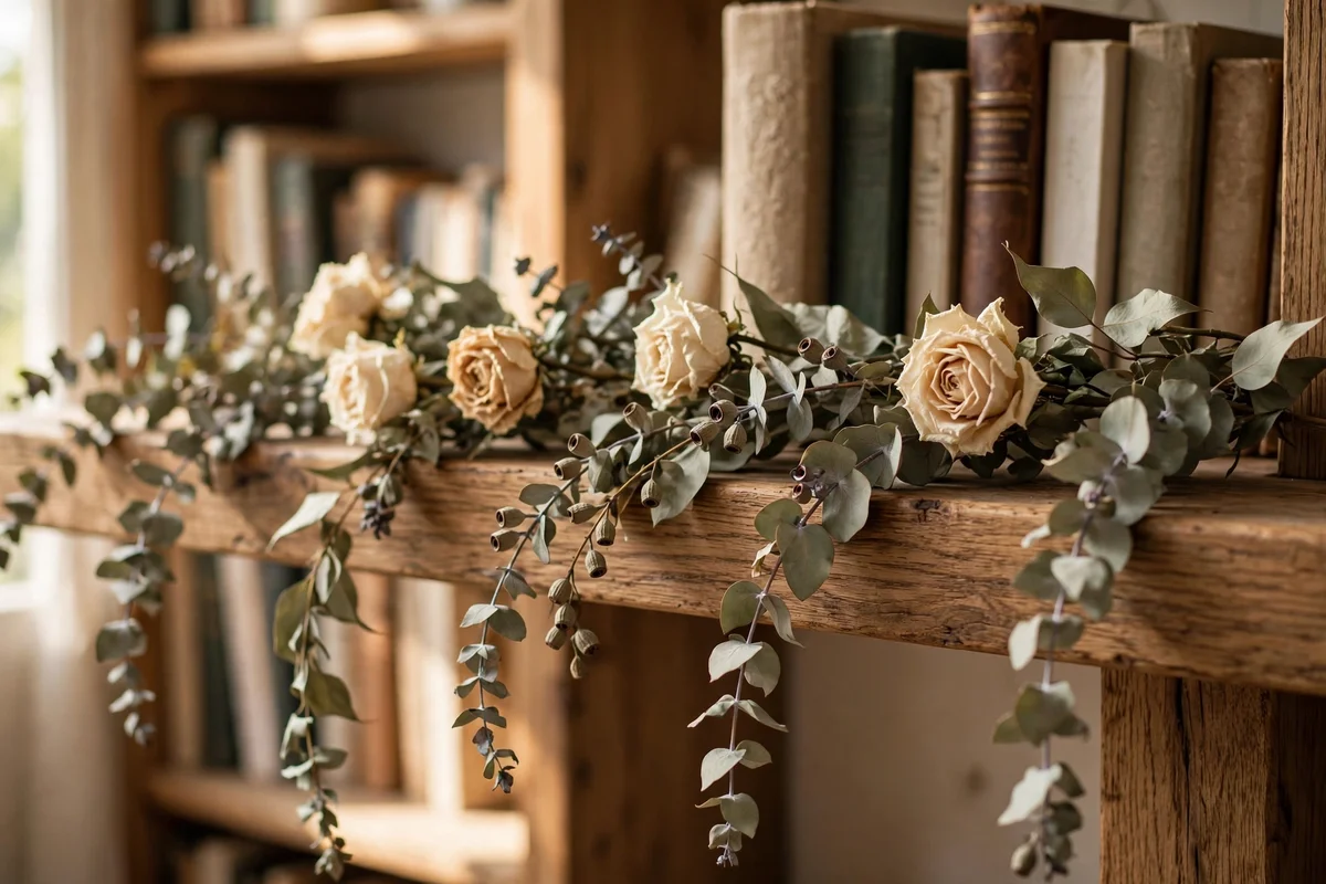 Dried eucalyptus garland along a bookshelf ledge