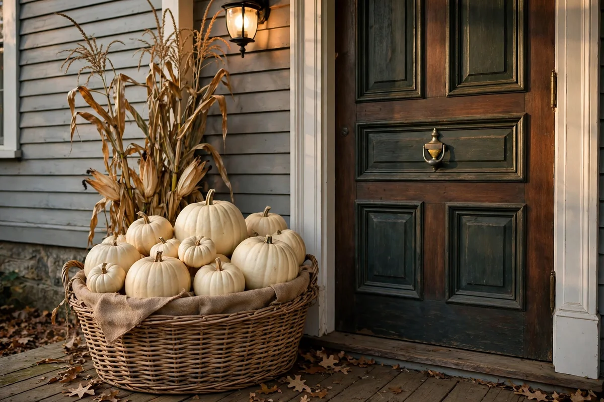 Wicker basket of cream pumpkins by the front door