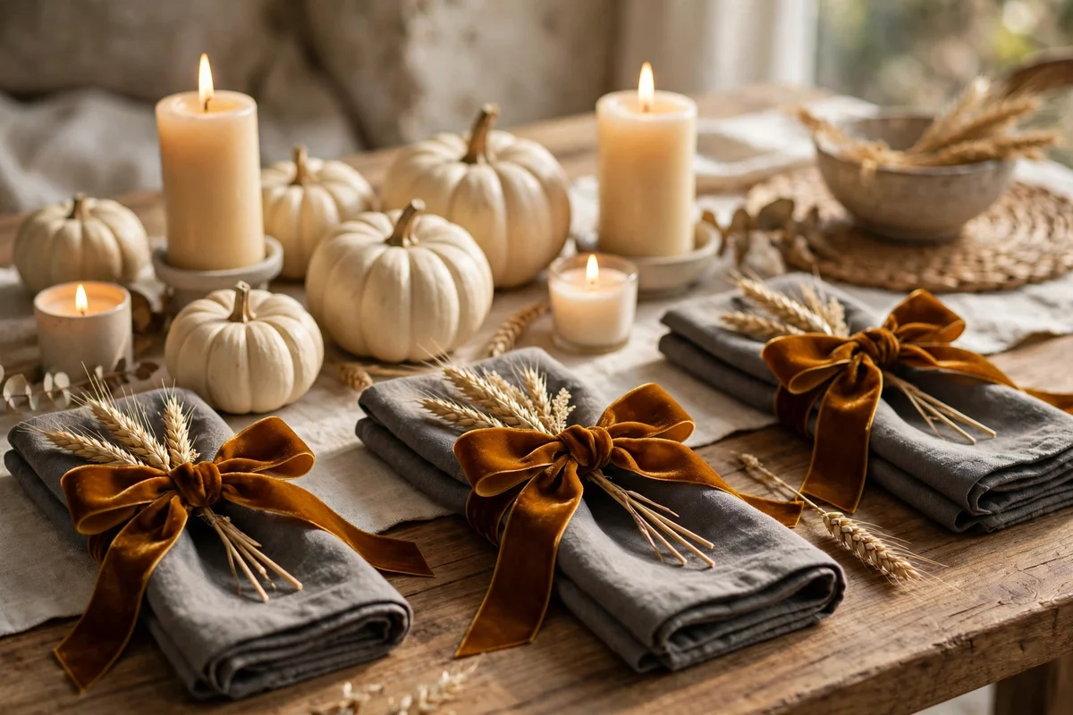 Charcoal linen napkins tied with velvet ribbon