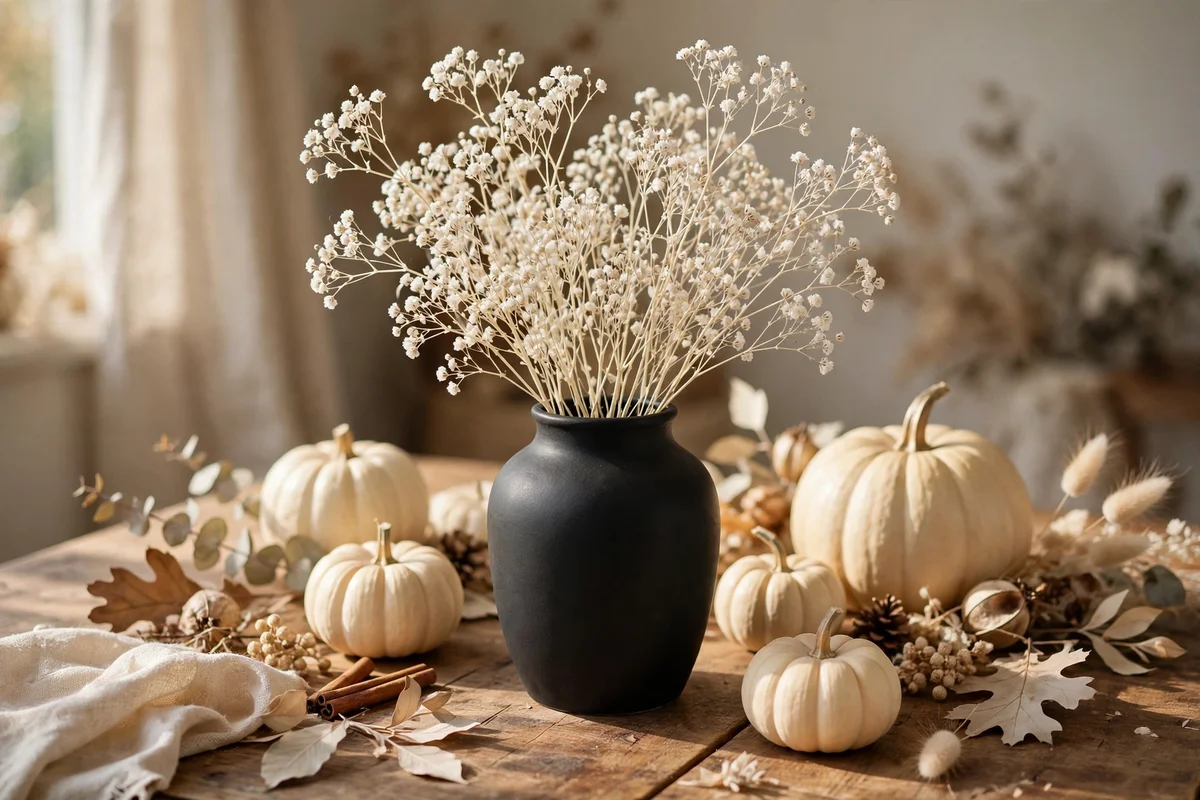 Black vase with white stems among cream pumpkins