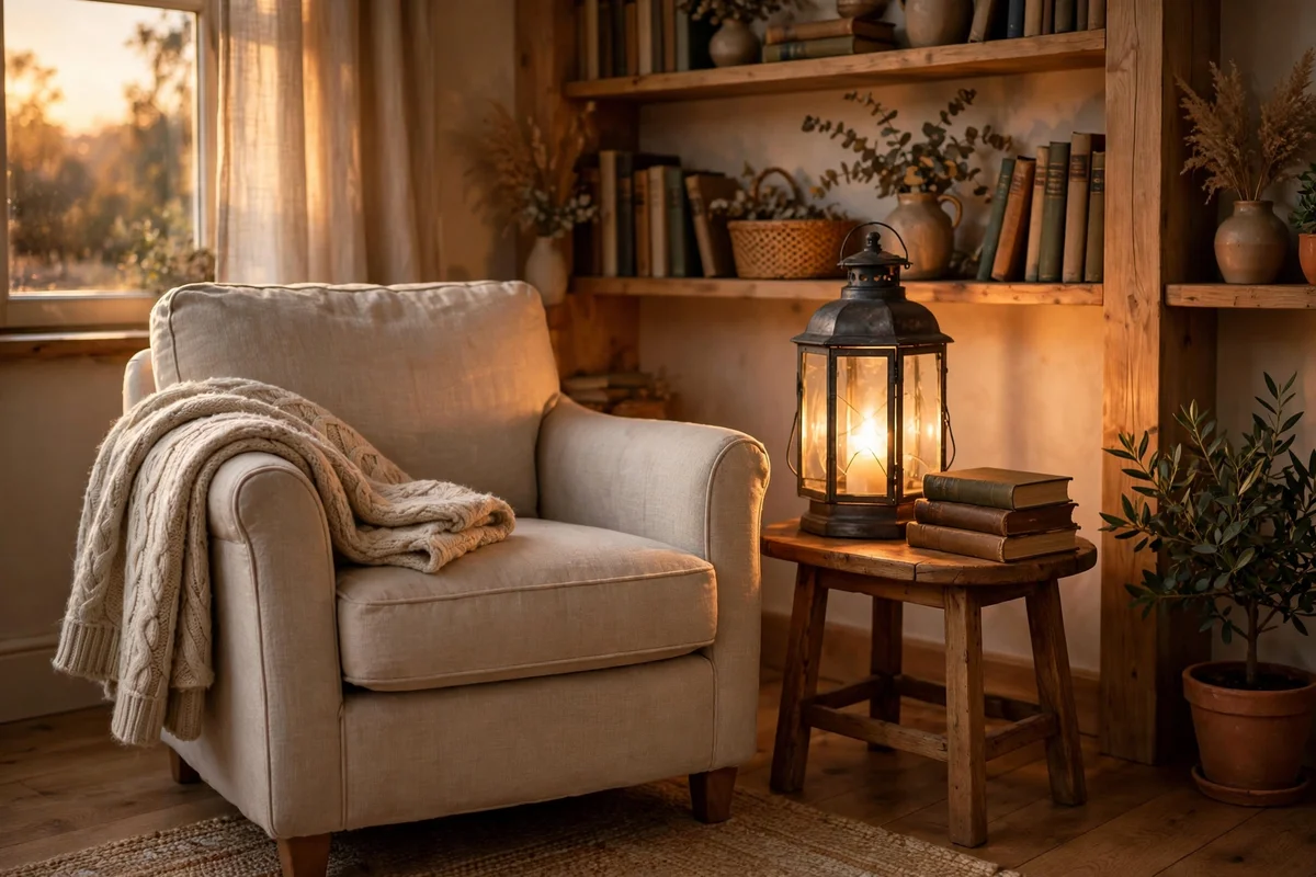 Reading corner with lantern and wool throw