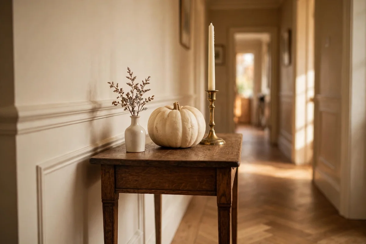 Hall table with pumpkin, candle and dried sprig