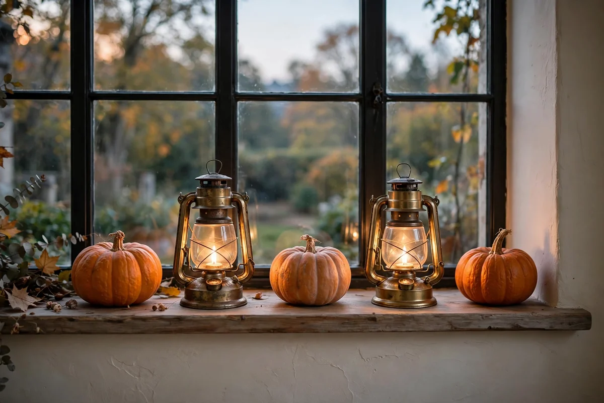 Windowsill with pumpkins and brass lanterns