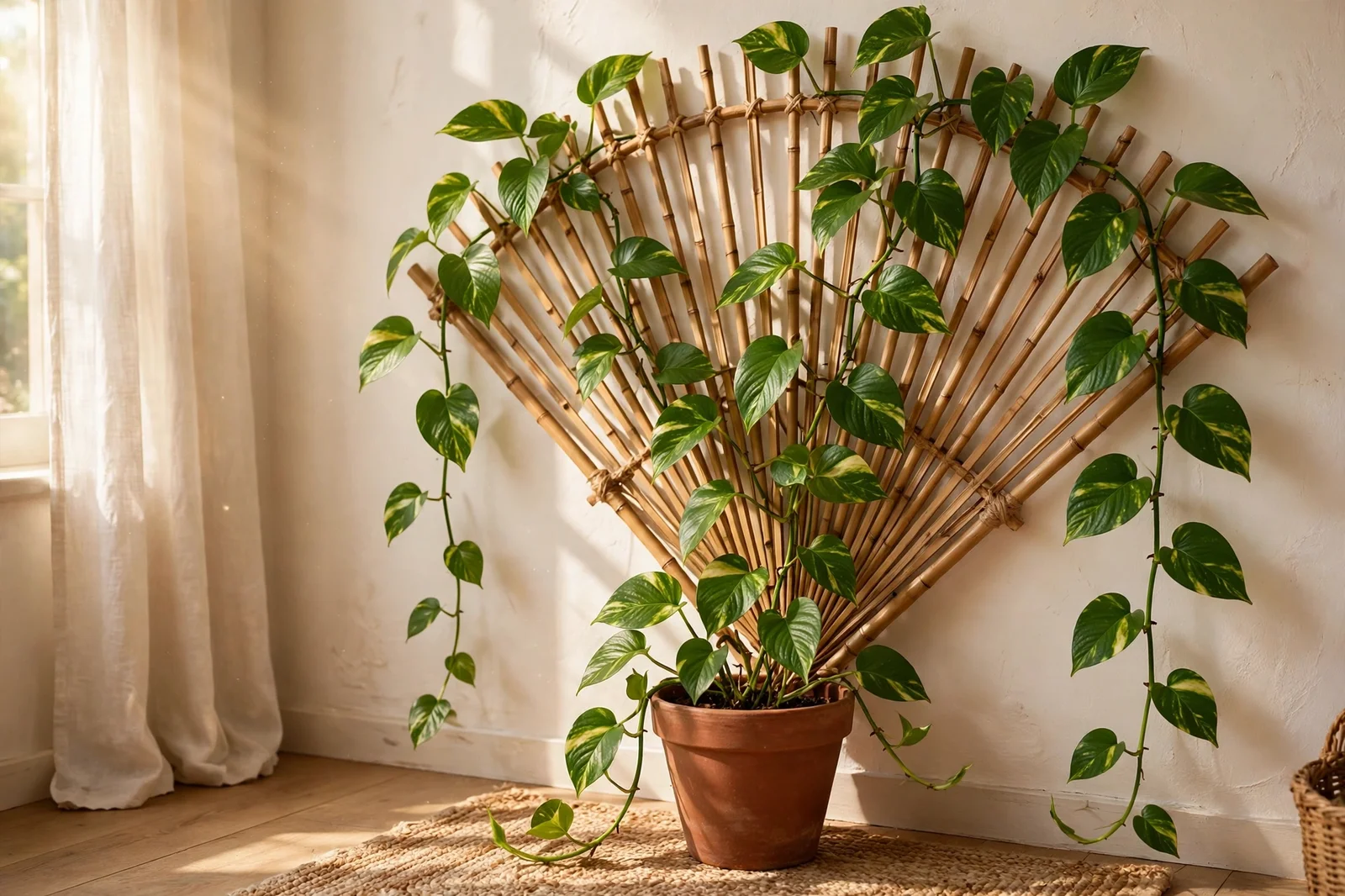 Climbing pothos trained on a bamboo trellis against a bright indoor wall