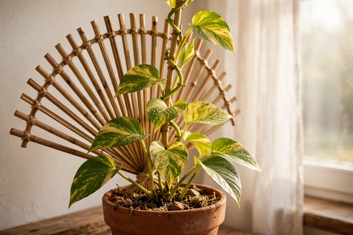 Golden pothos climbing a natural bamboo fan trellis on a warm indoor wall