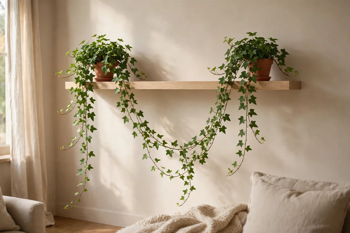 Trailing ivy draping softly from a picture ledge shelf on a living room wall