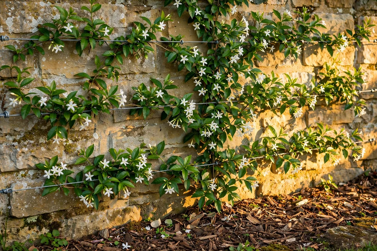 Star jasmine trained on horizontal wires across a sunny garden wall