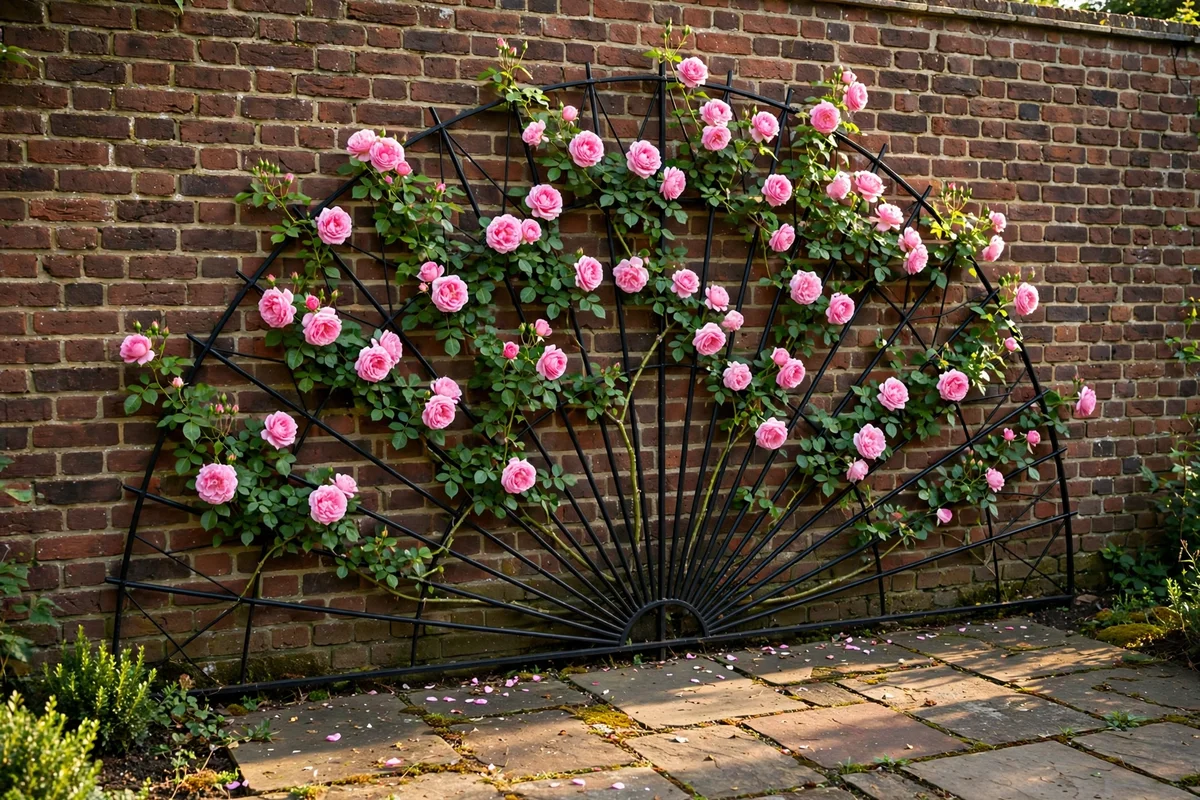 Climbing roses fanned across a steel trellis standing proud of a garden wall