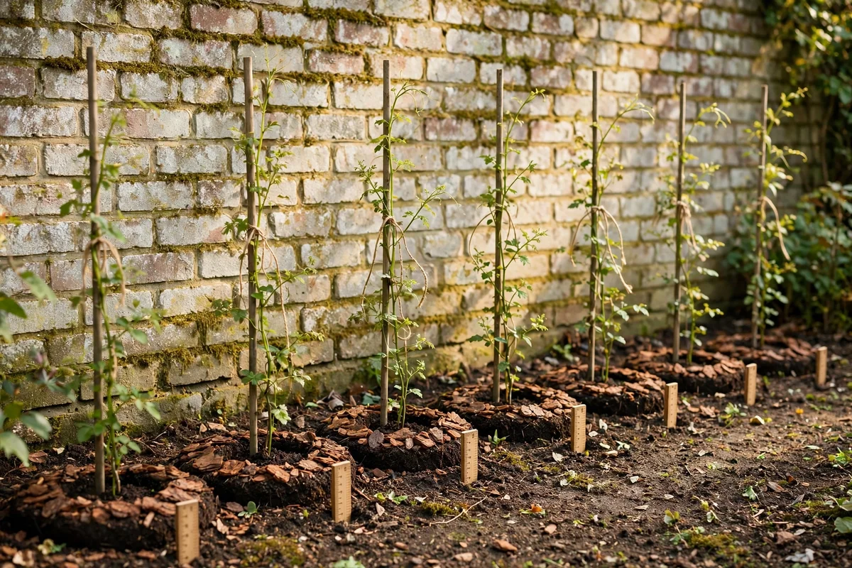 Young garden climbers planted in a spaced row along a garden wall
