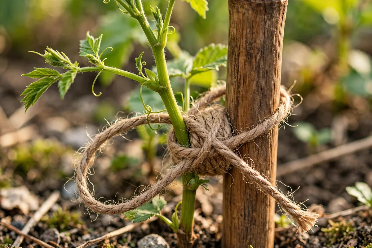 Soft jute twine tied in a loose figure-eight loop around a young climber stem