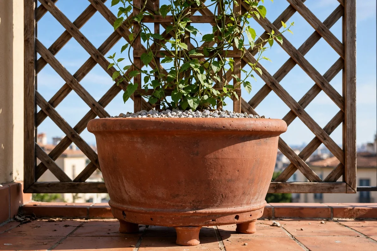 Climbing plant in a deep terracotta pot with drainage on a balcony