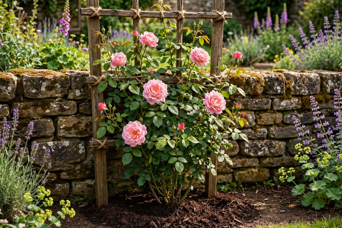 Vigorous climbing rose planted in the ground beside a sturdy garden wall