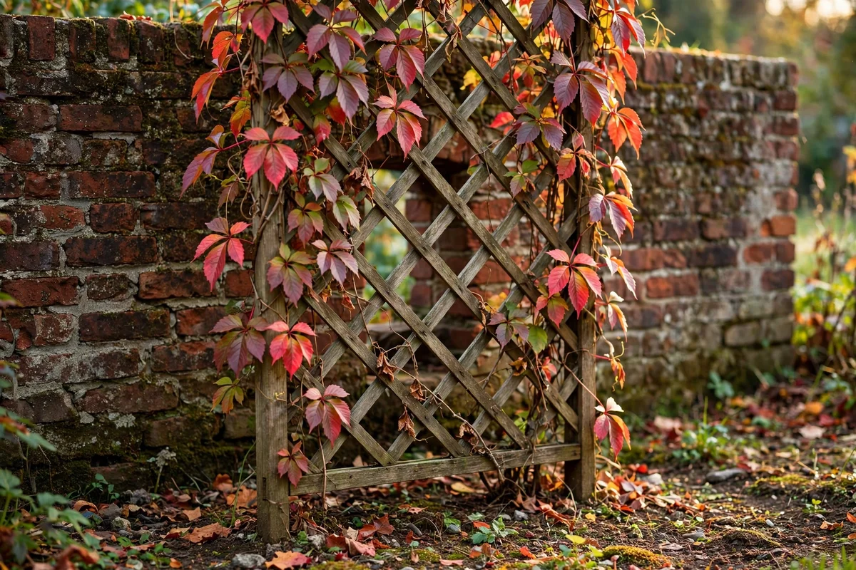 Virginia creeper on a freestanding trellis held away from an old brick wall
