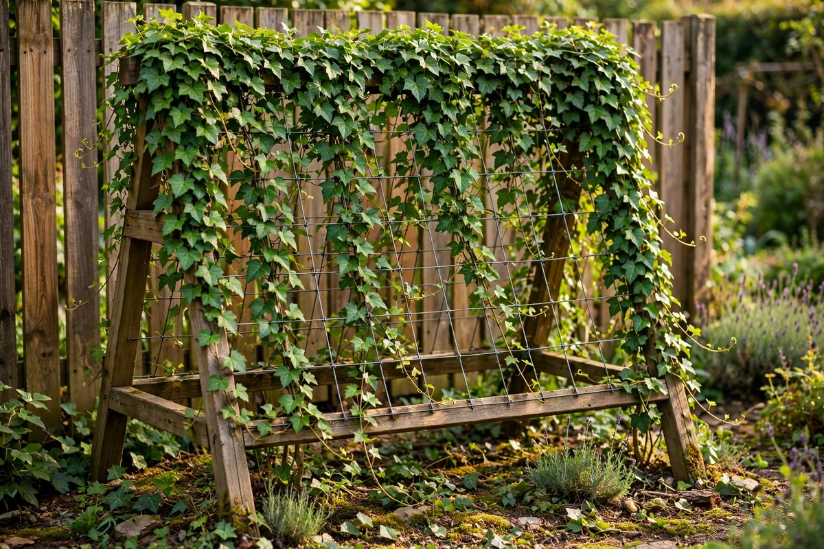 Ivy climbing a freestanding wooden trellis set in front of a garden fence