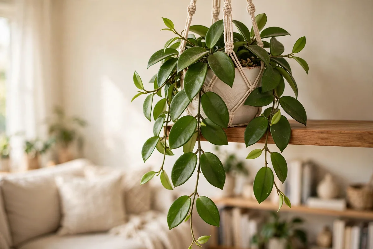 Non-toxic hoya trailing from a high shelf in a family living room