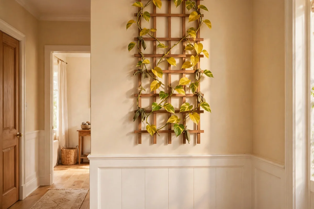 Pothos trained upward on a high shelf, out of reach of children and pets