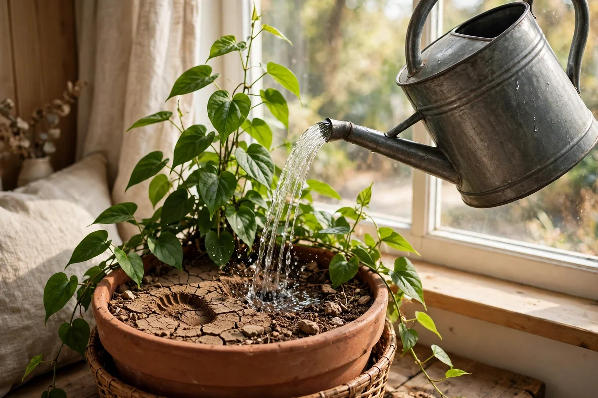 Watering an indoor climber after checking that the top soil has dried