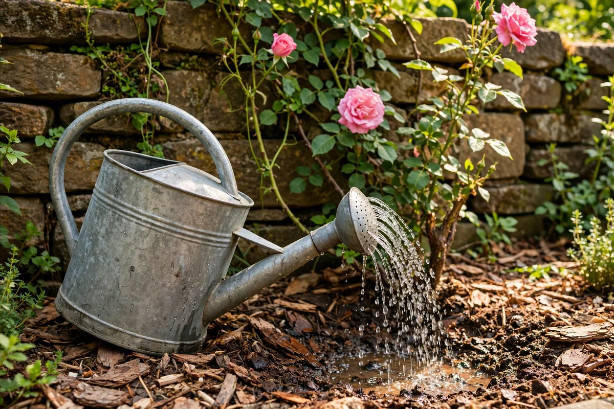 Deep watering of an outdoor wall climber with a watering can in summer