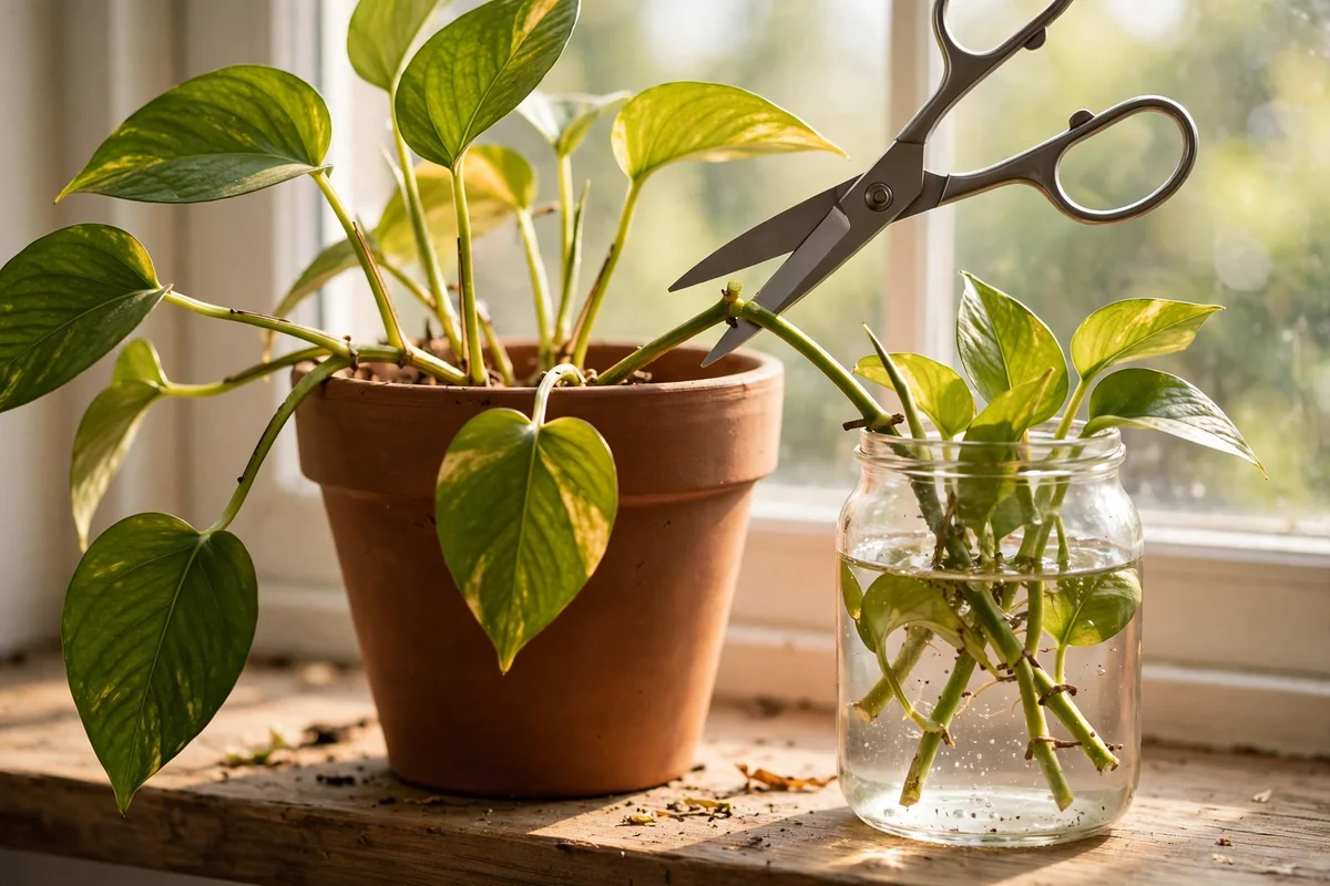 Pruning an indoor pothos with clean scissors just above a leaf node