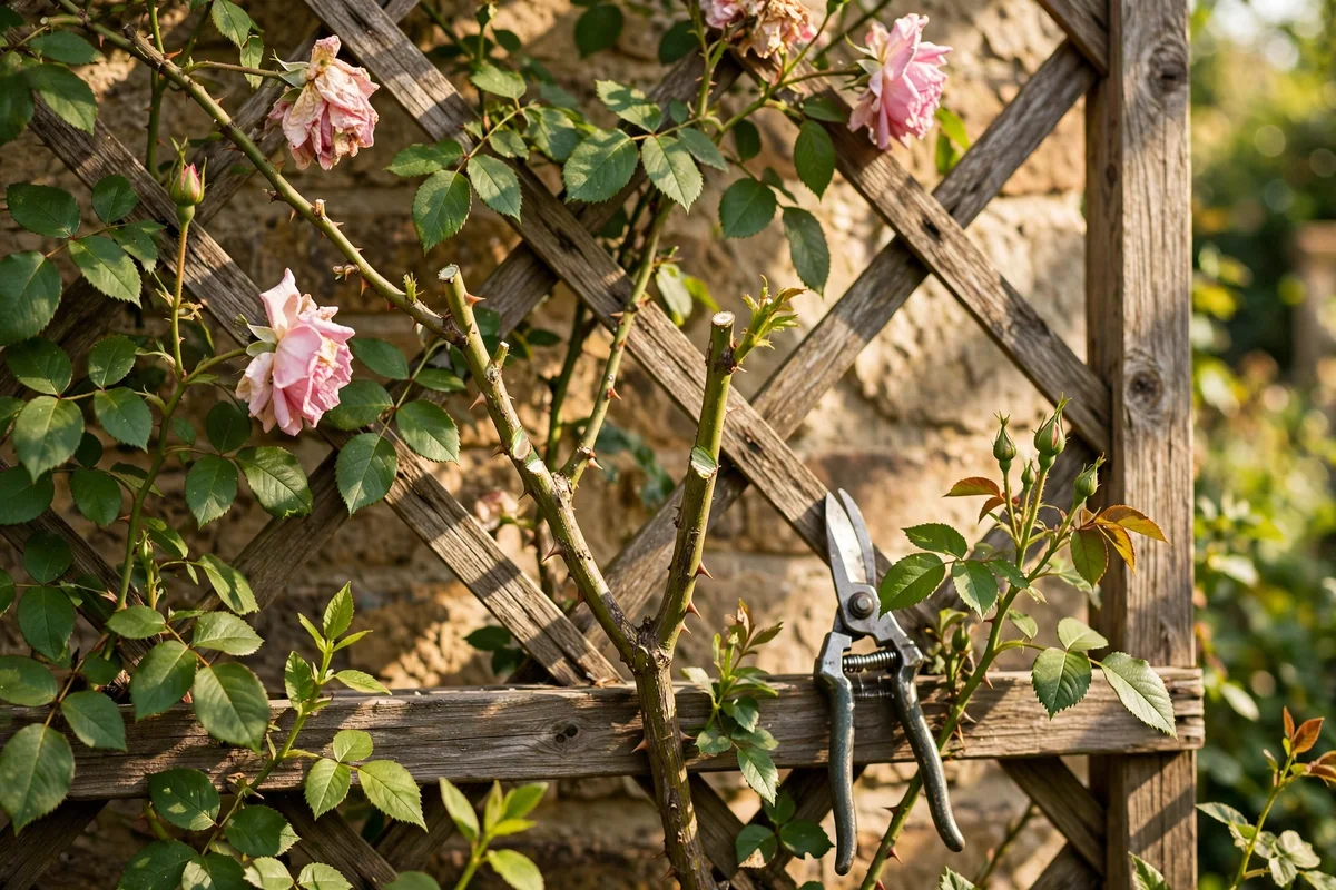 Pruning faded blooms from a climbing rose trained on a garden trellis