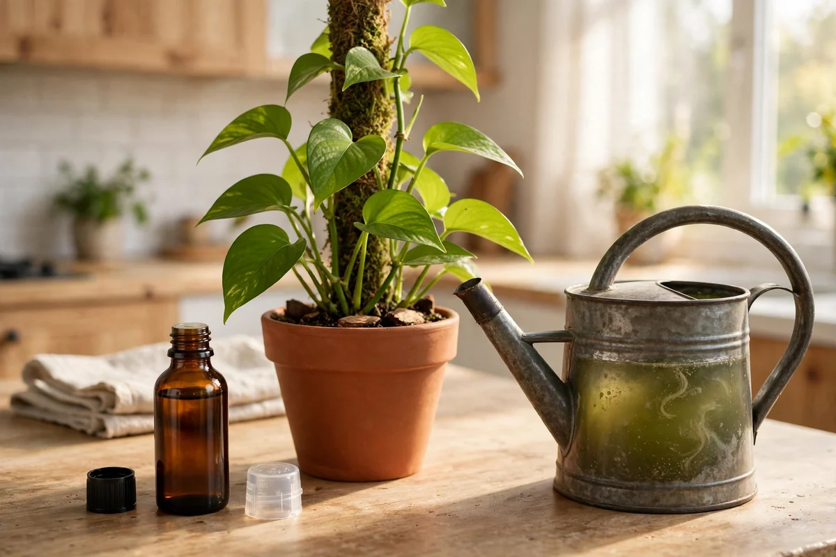 Feeding a container climber with liquid fertiliser in a bright kitchen