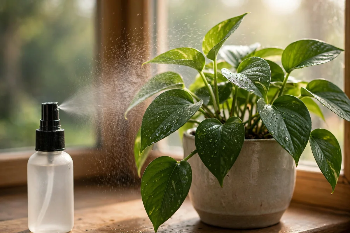 Misting the leaves of an indoor climber with a fine spray bottle