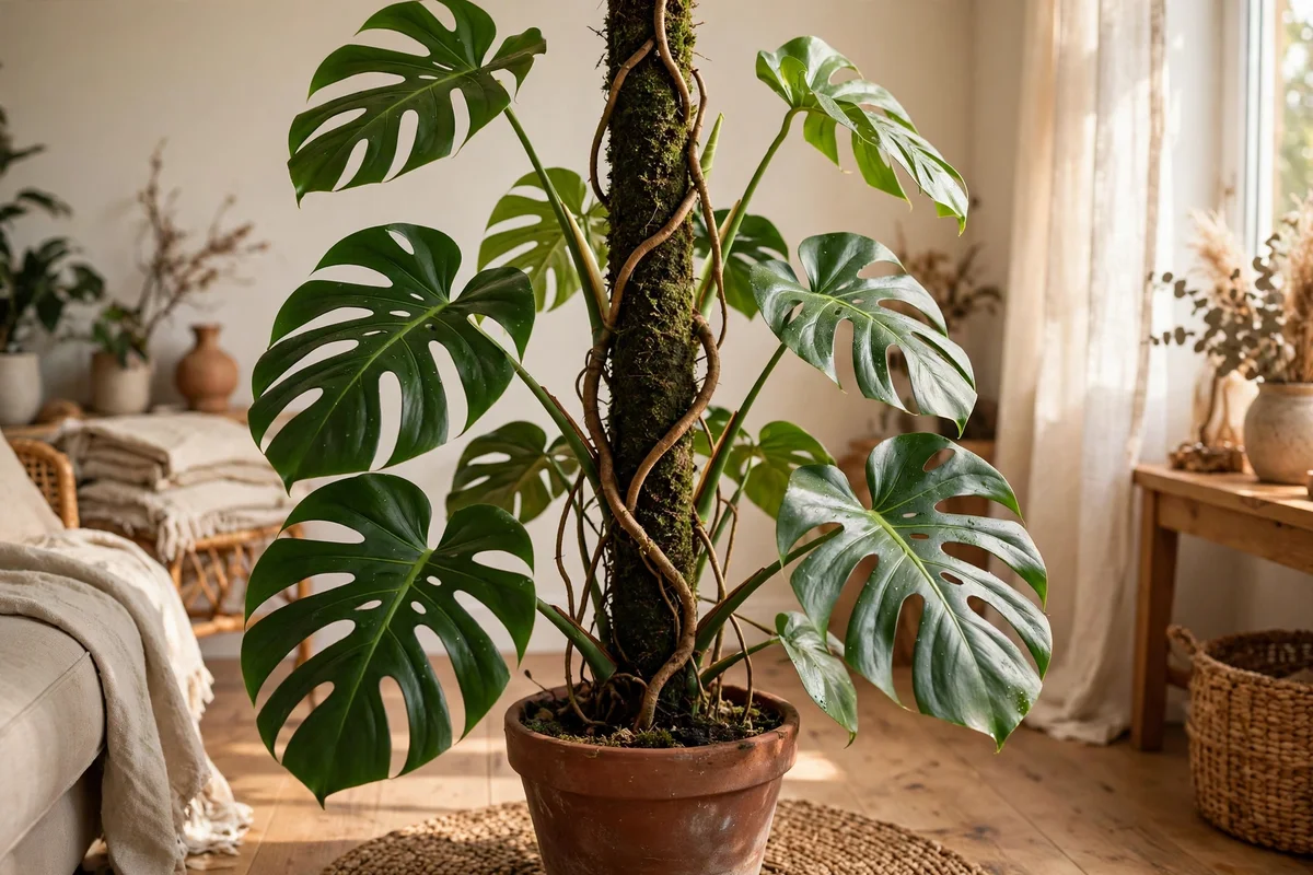 Monstera climbing a damp moss pole in a bright living room corner