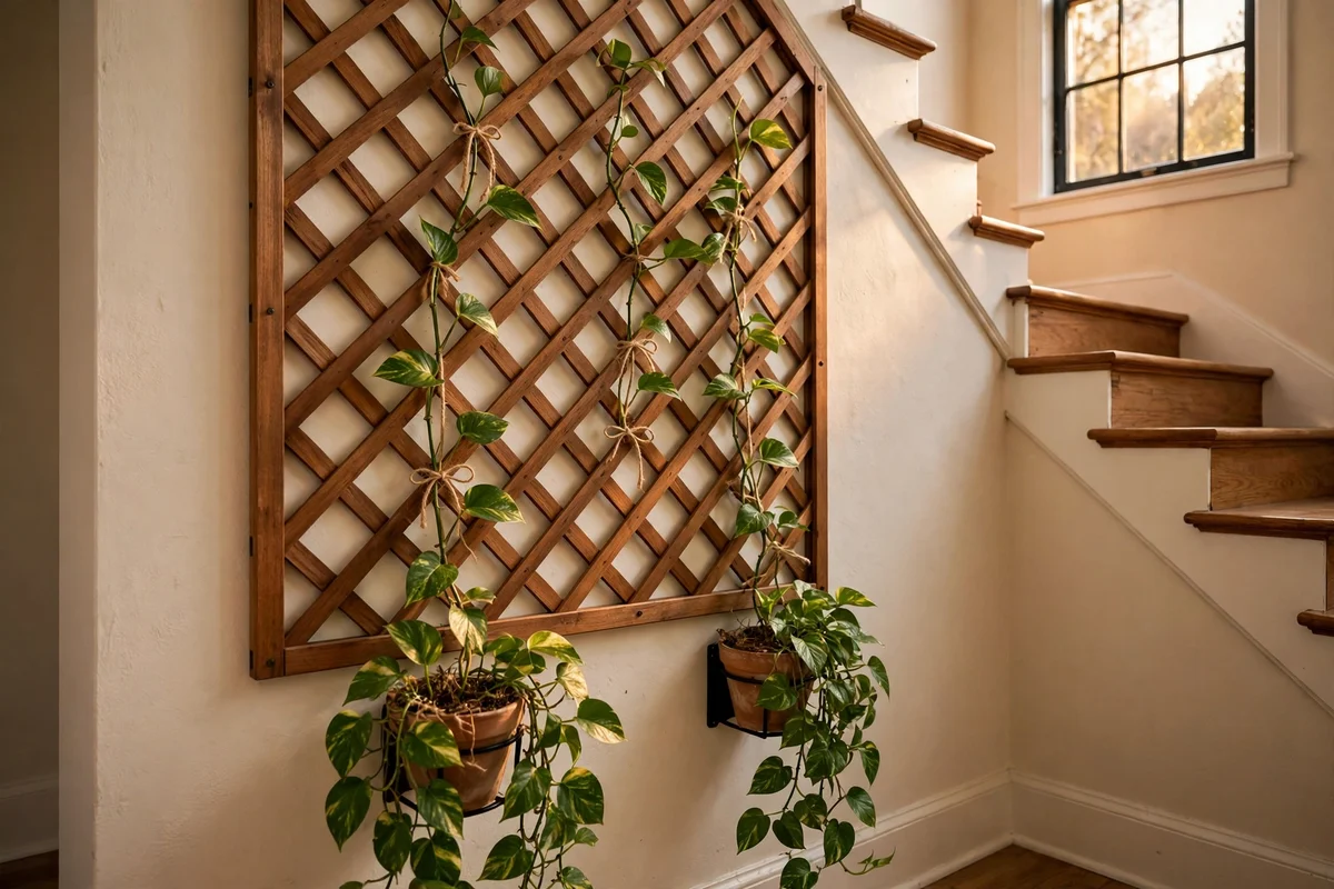 Wooden lattice panel on a stairwell wall with pothos trained through it
