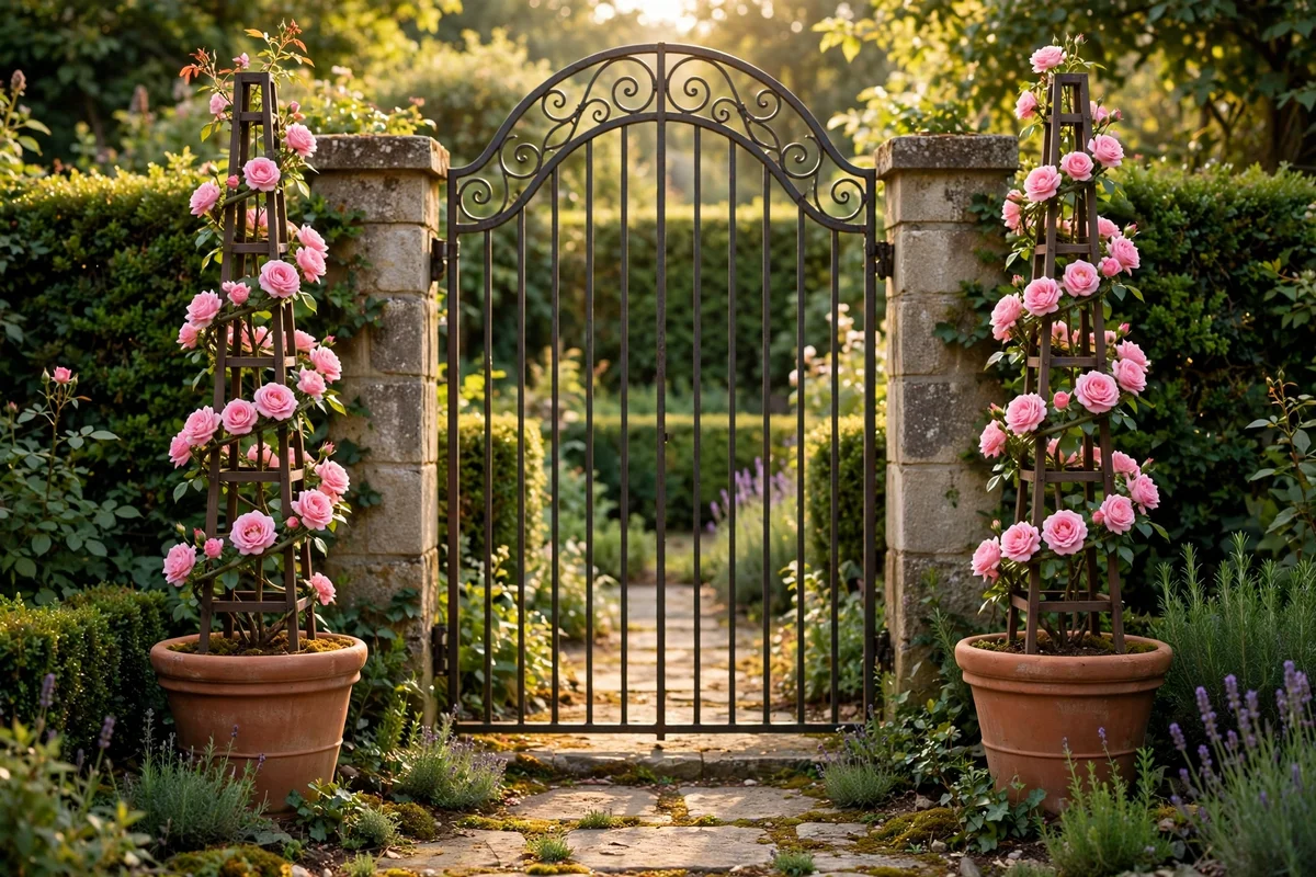 Paired climbing roses in matching terracotta pots framing a garden gate
