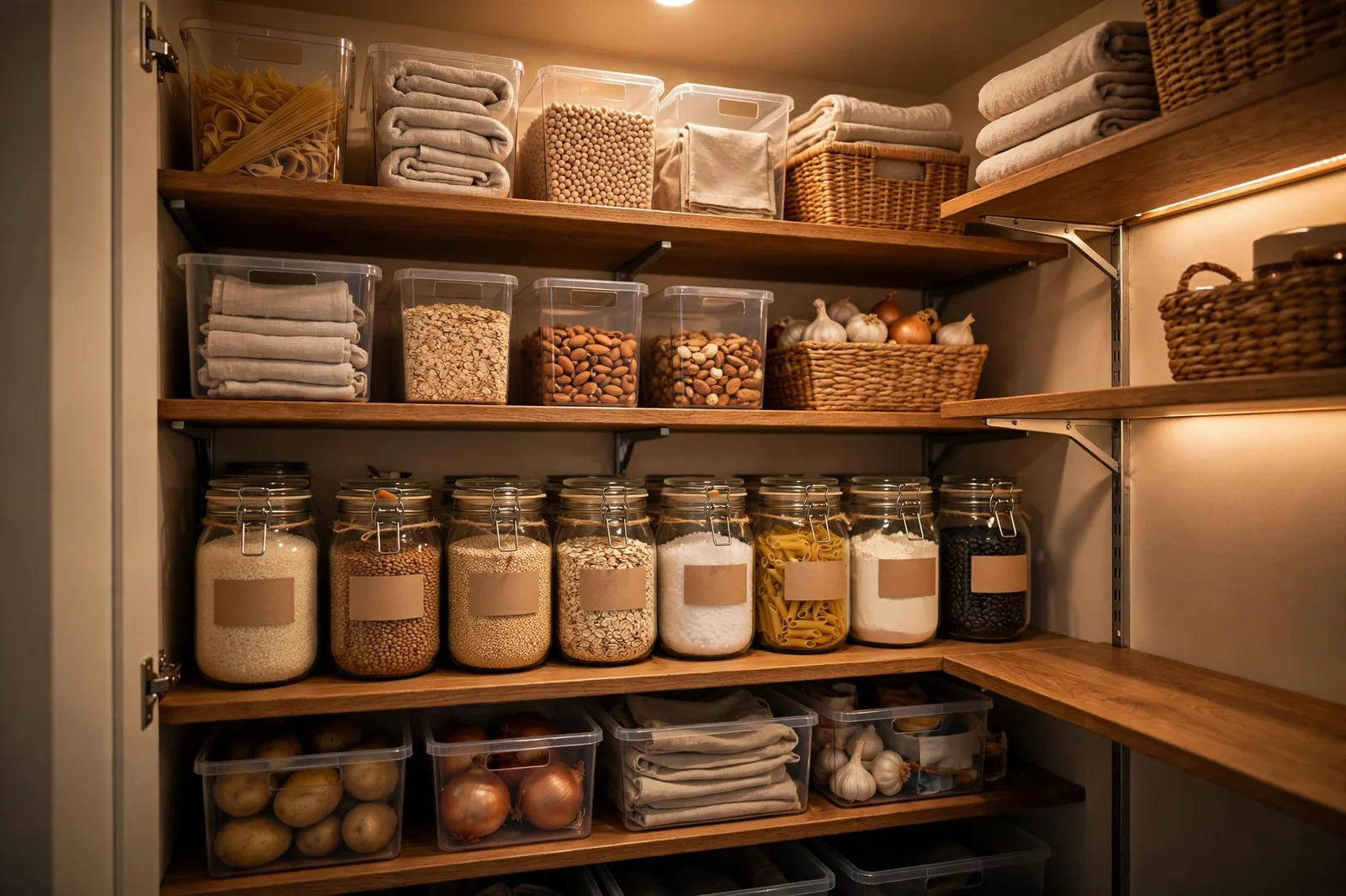 Organized closet pantry with adjustable shelves, clear bins and labeled jars