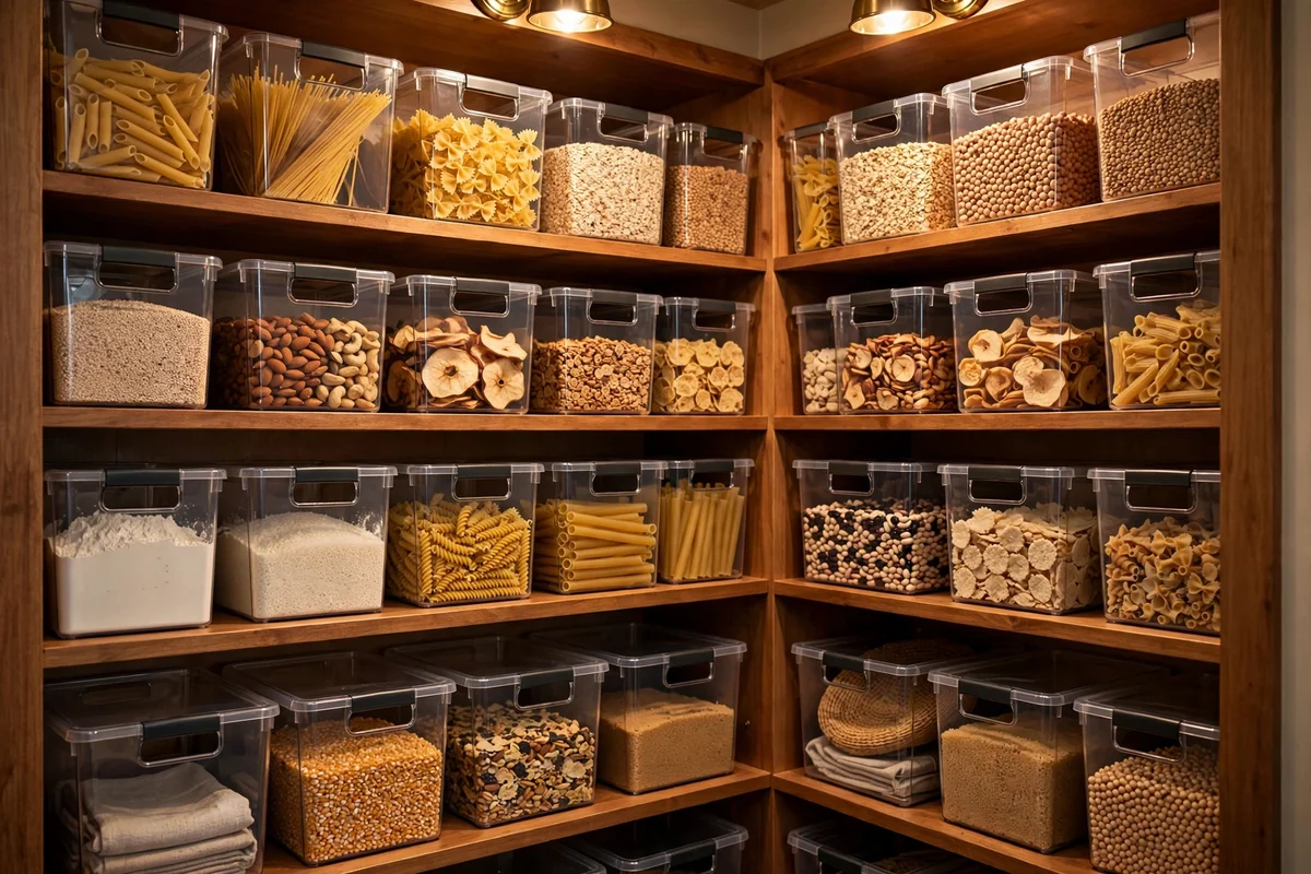 Clear storage bins in closet pantry