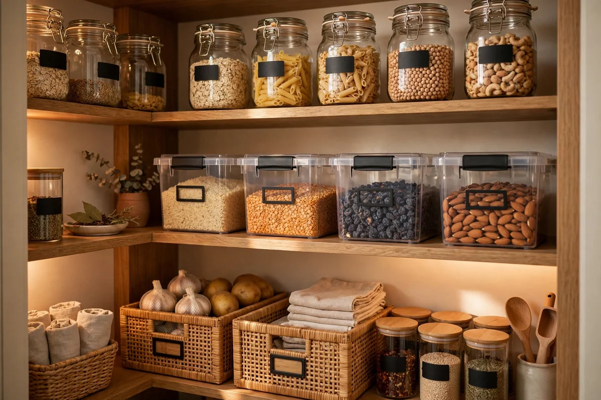 Labeled containers in closet pantry
