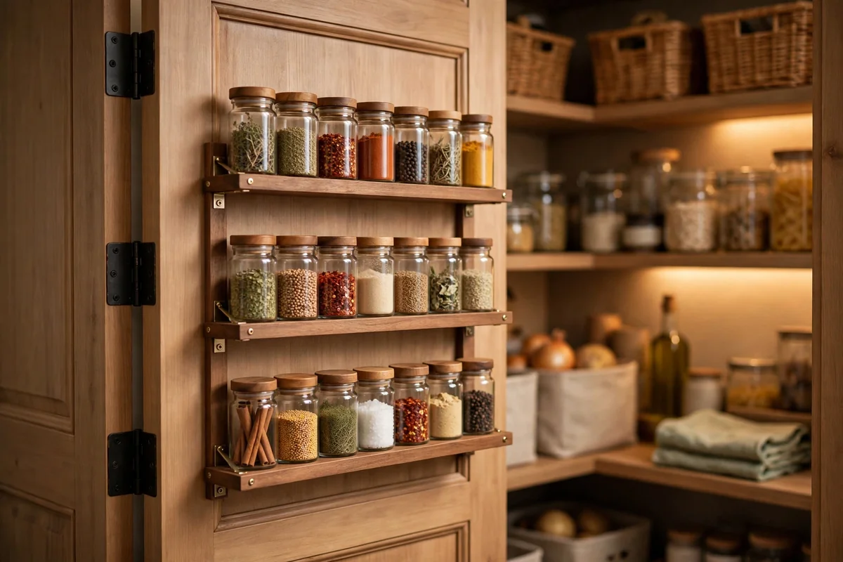 Door-mounted racks in closet pantry