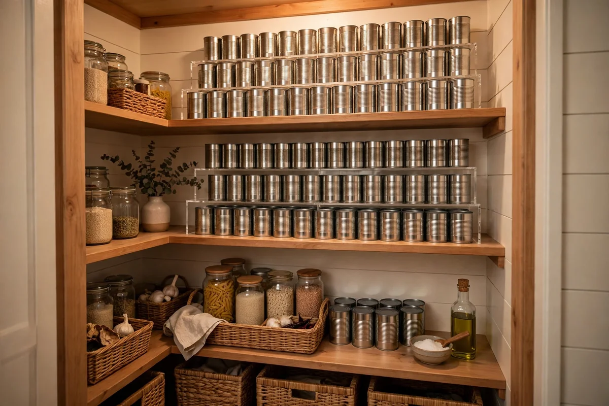 Tiered shelf risers in closet pantry