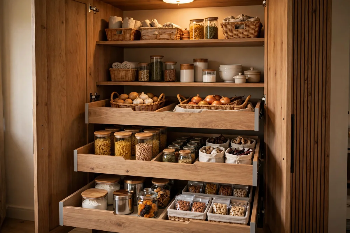 Pull-out drawers in closet pantry