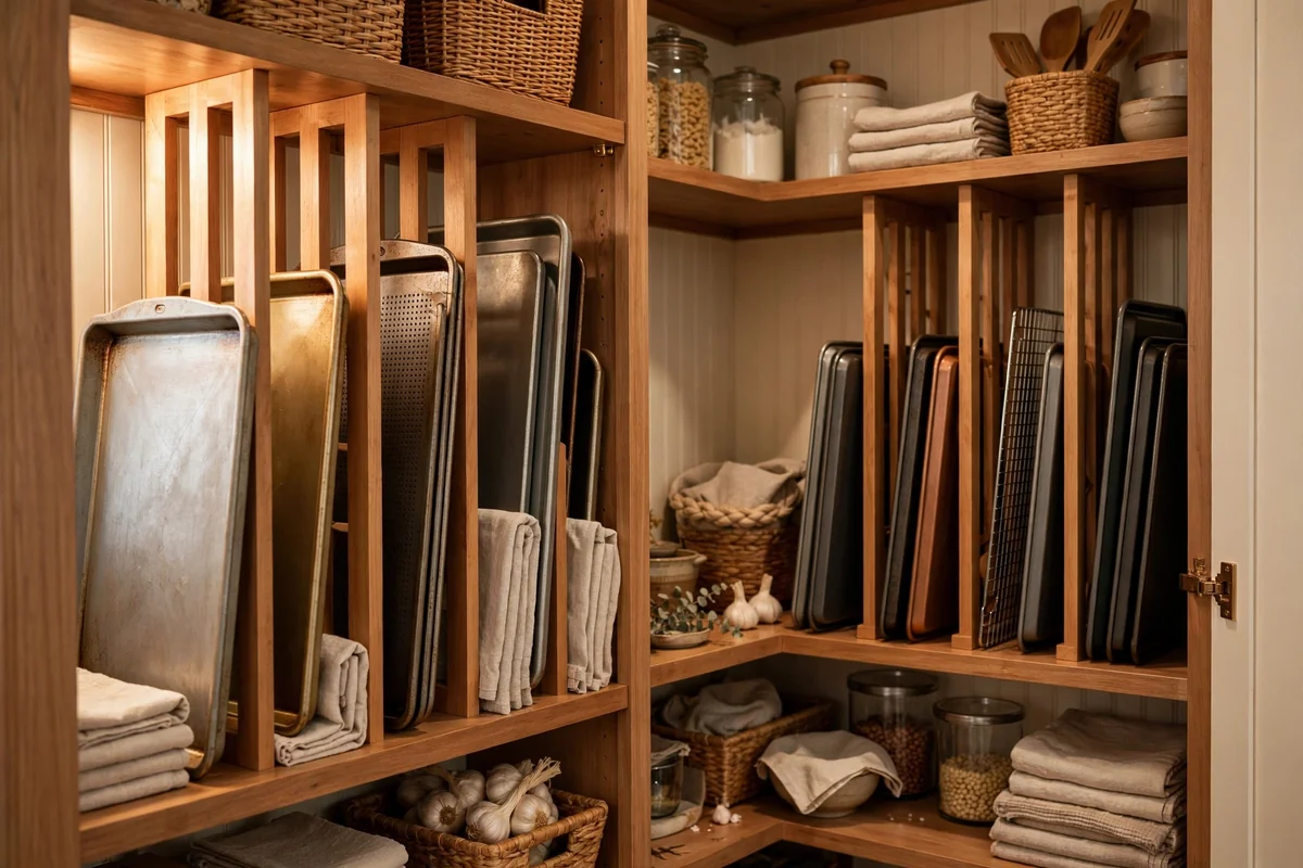 Vertical dividers for trays in pantry